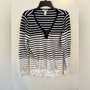 White House Black Market Blue & White Striped V Neck Long Sleeve Sweater